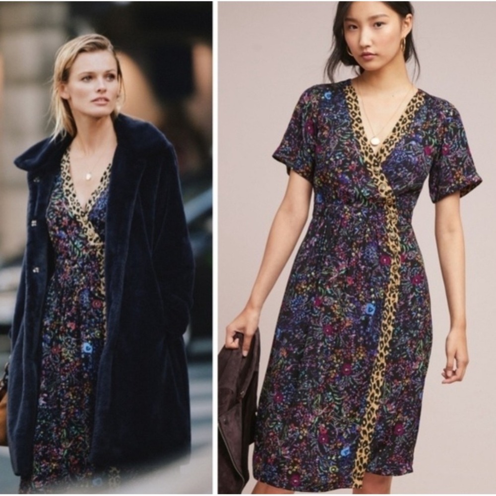 Maeve Anthropologie Morgan Womens Size 0‎ Floral Leopard Print Midi Dress Black